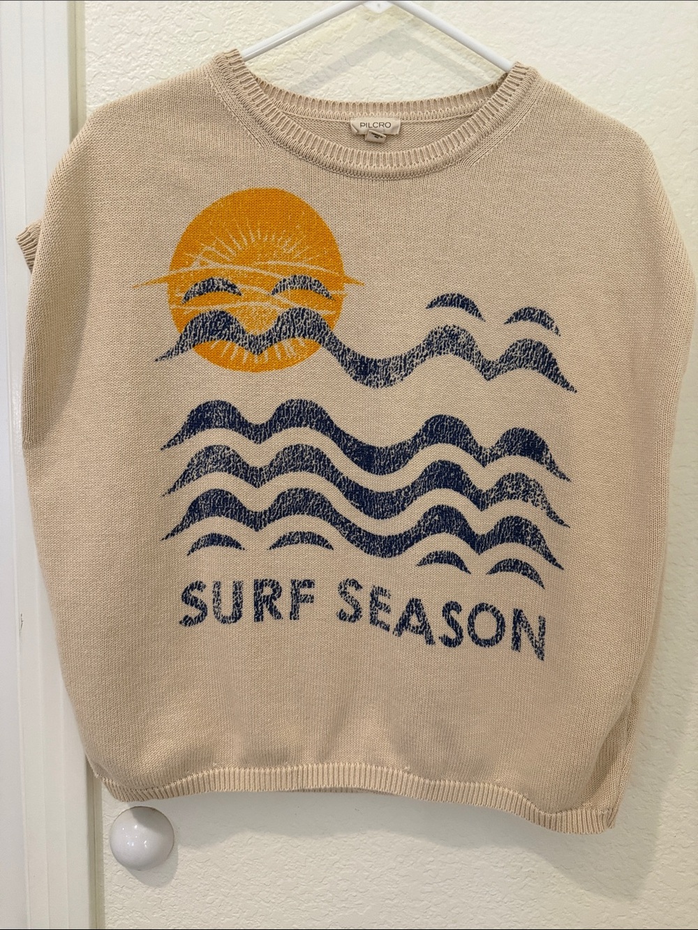 Pilcro Beige Knit Sleeveless Sweater Vest with Navy Waves and Mustard Sun